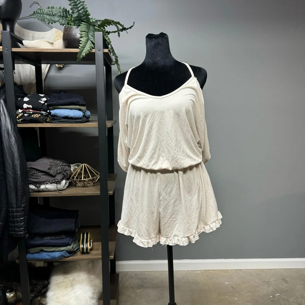 Lazy Sundays cream ruffle pajama romper womens medium soft neutral cut out back